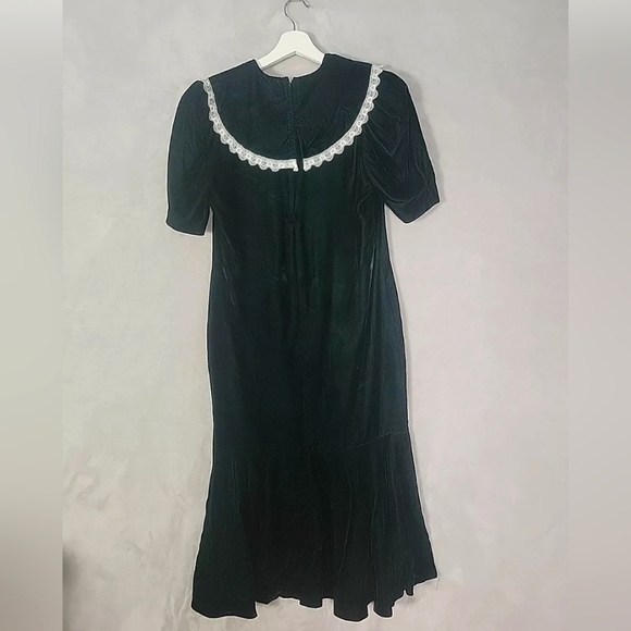 Vintage 80s Gunne Sax Green Velvet Midi Dress 7 Lace Bib Collar Flare Hem - Picture 8 of 12